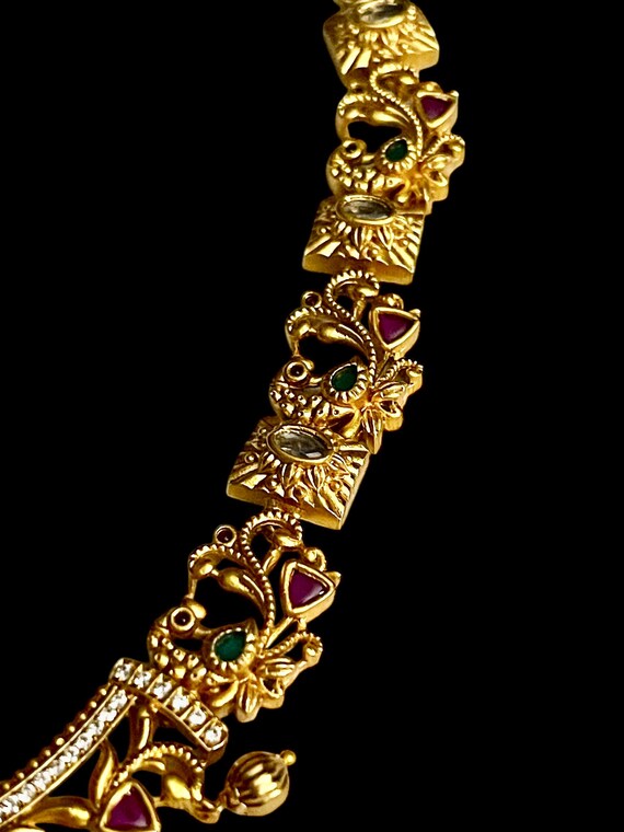 Vintage Gold-Plated Lakshmi Haram Necklace-Intricate Detailed Work and Rhinestones-Luxurious Styling-Bridal Tradition View 4