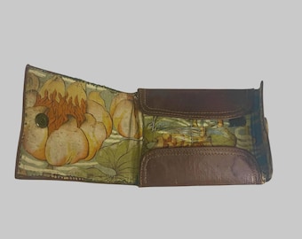Antique Handmade Leather Sewing Kit Wallet: Lily Pad Fabric Lining, Tramp Art