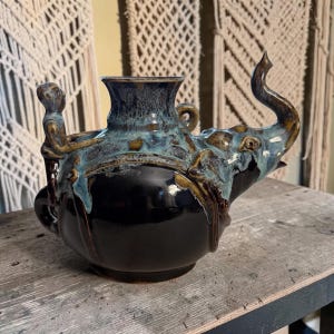 Unusual Hand-Crafted One-of-a-Kind Modern Studio Sculptural Elephant and Man Teapot-Stoneware-Blue Brown Drip & Reactive Glaze-Very Unique