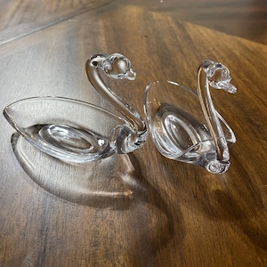 Vintage Set of Two Hand Blown Duncan & Miller Clear Glass Swan Candy Nut or Trinket Dishes - Art Glass - 1950&#39;s