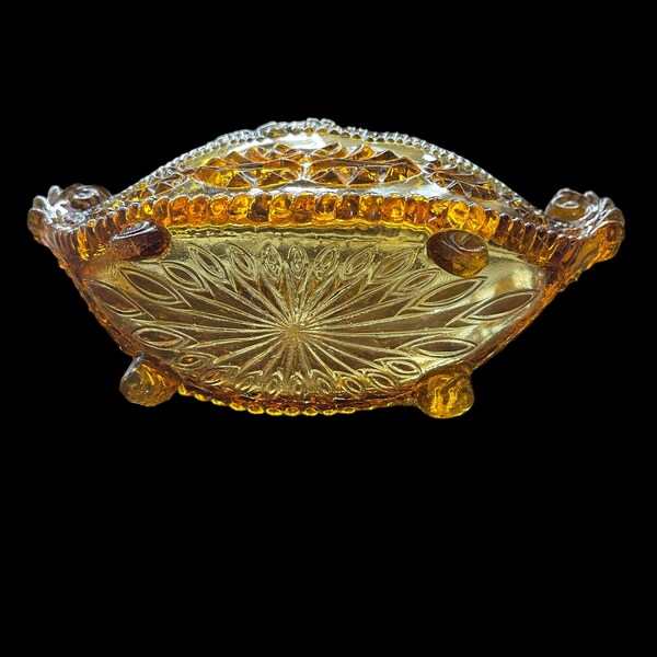 Vintage Scalloped Footed Amber Glass Candy Dish with Upturned Fancy Handles - LE Smith - 1960's