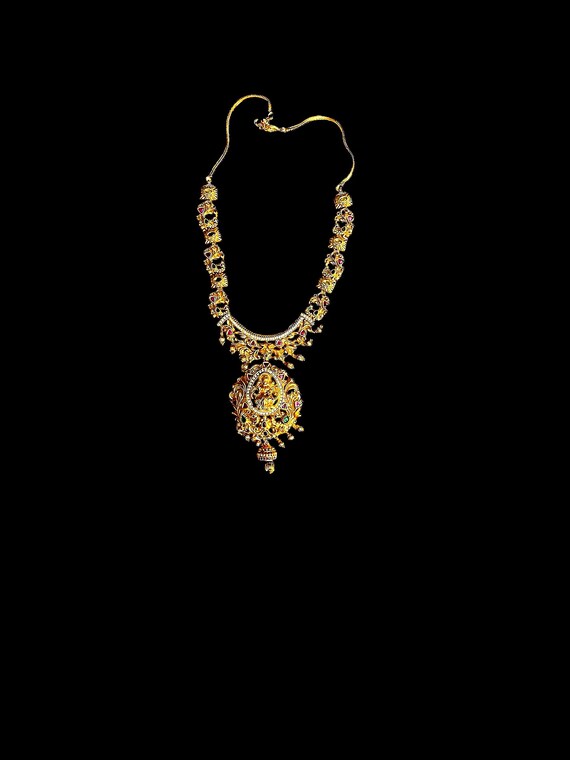 Vintage Gold-Plated Lakshmi Haram Necklace-Intricate Detailed Work and Rhinestones-Luxurious Styling-Bridal Tradition