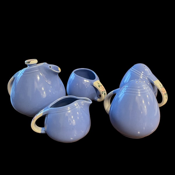 Vintage Set of Hall Blue Rose Parade China - Lidded Teapot - Creamer - Sugar Bowl - Salt & Pepper 1938-1950 - Great Shabby Chic Display!