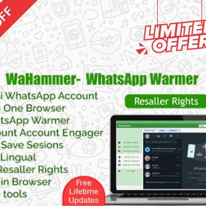 Puede incluir: Una pantalla de computadora portátil que muestra un sitio web verde y blanco con el texto "WaHammer - WhatsApp Warmer" y "Derechos de reventa". El sitio web muestra una captura de pantalla de una interfaz de WhatsApp Web. La computadora portátil está sobre un fondo blanco con un gráfico rojo y blanco de una venta con un 50% de descuento y el texto "Oferta limitada".