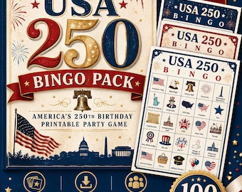 Tarjetas de bingo del 250 aniversario de EE. UU., juego de fiesta patriótico imprimible (100 tarjetas)