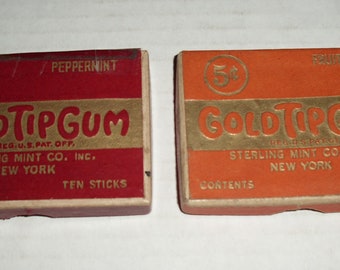 Two Gold Tip Gum Packages.  The Aristocrat of Gums.  Fruit Flavor.  Peppermint.  Sterling Mint Co.