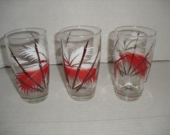 Anchor Hocking Tumblers.  Red and White Palm Leaves.