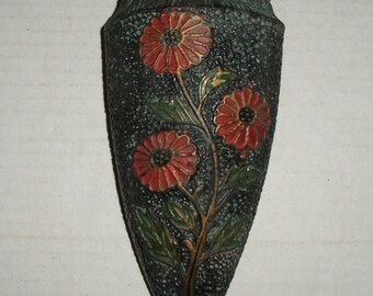 Vintage Black Ceramic Wall Pocket with Orange Painted Flowers.  Made in Japan