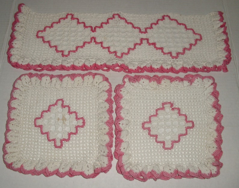 Vintage Oval Tin with Handles. Roses All Over. Crocheted table runner. Crocheted Dresser Scarves. image 3