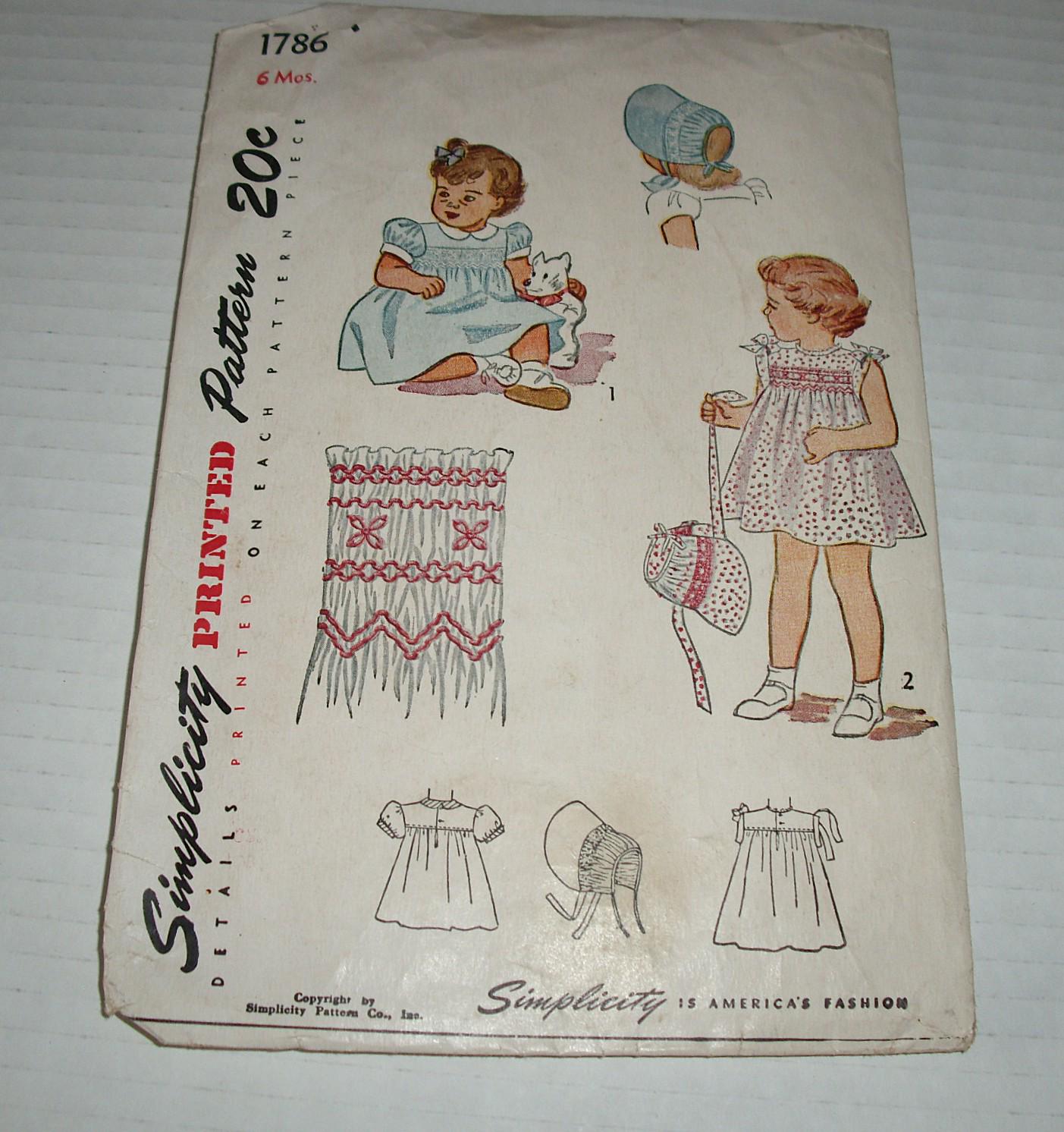 Vintage Simplicity 1786 Printed Pattern.  Copyright 1946.  Child's 6 Months Dress and Bonnet.  Smocking Trim.