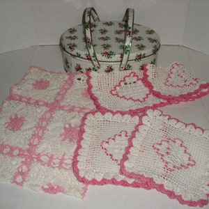 Vintage Oval Tin with Handles. Roses All Over. Crocheted table runner. Crocheted Dresser Scarves. image 1