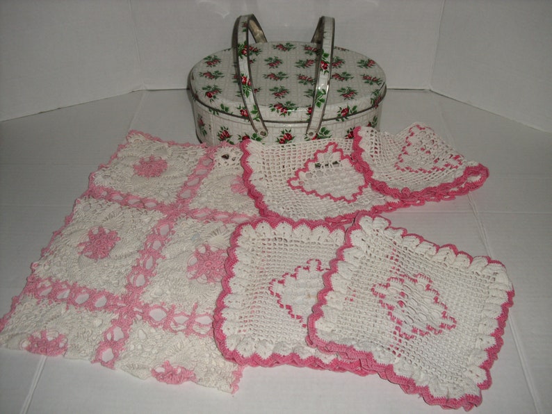 Vintage Oval Tin with Handles. Roses All Over. Crocheted table runner. Crocheted Dresser Scarves. image 1