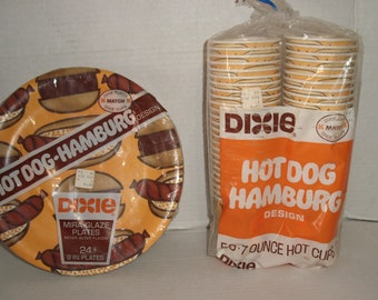 Hot Dog-Hamburg Design.  Dixie Mira-Glaze 9 In. Plates.  7 Oz. Hot Cups with Handle.   American Can Company