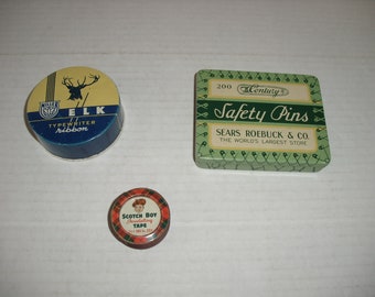 Three Advertising Tins.  Sears Roebuck & Co. Safety Pins Tin.  Elk Typewriter Ribbon Tin.   Scotch Boy Insulating Tape