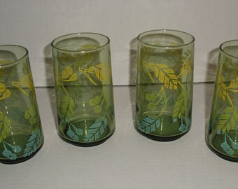 Four Vintage Glass Tumblers.  Tropical Design.  Tropical Foliage.  Geometric Design.  Yellow and Blue Leaves and Berries