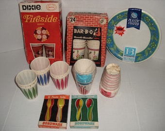 Vintage Paper Hot and Cold Cups. Bondware Paper Plates. Dixie.  Sutherland Paper Co.-Bar-B-Q. Continental Can Co. American Greetings Corp.