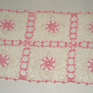 Vintage Oval Tin with Handles. Roses All Over. Crocheted table runner. Crocheted Dresser Scarves. image 2