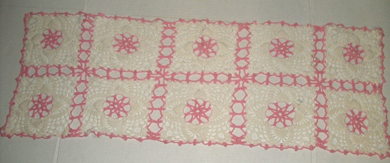 Vintage Oval Tin with Handles. Roses All Over. Crocheted table runner. Crocheted Dresser Scarves. image 2