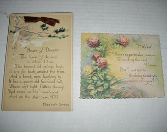 Two Antique Cards.  House of Dreams Poem-Elizabeth Gordon-1922 Calendar.  HELLO Card