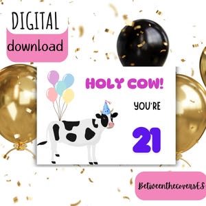 Carte d'anniversaire drôle imprimable - Anniversaire vache et ballons - 21e anniversaire - téléchargement numérique