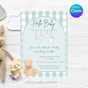 Babypartyeinladung, Geschlechtsneutrale Babyparty einladen, Hallo Babyeinladung, minimalistische Babyparty, Babyparty bearbeitbare Vorlage