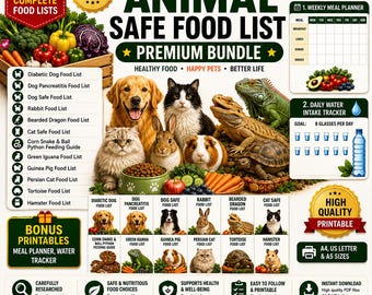 Animal Safe Food List Premium Bundle | Pet Food Lists | Dog Cat Rabbit Hamster Food Charts | Printable PDF
