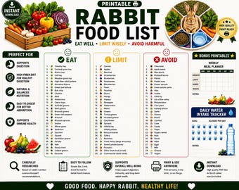 Rabbit Food List Printable | Rabbit Food Chart | Safe Foods for Rabbits | Rabbit Diet Guide | PDF