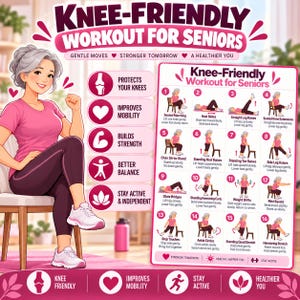 Könnte beinhalten: Ein Poster mit dem Titel Knee-Friendly Workout for Seniors, das sechzehn illustrierte Übungen mit Anleitungen zeigt. Die Übersicht enthält Symbole für Knieschutz, Mobilität, Kraft, Gleichgewicht und Unabhängigkeit mit rosa und weißen Textelementen.