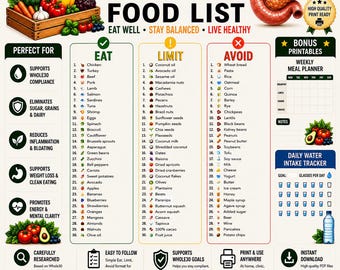 Whole30 Food List Printable PDF | Whole30 Approved Foods | Eat Limit Avoid Chart | Grocery Guide | Meal Planner