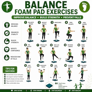 Puede incluir: Un póster instructivo titulado BALANCE FOAM PAD EXERCISES que muestra quince ilustraciones numeradas de una persona con camiseta verde y leggings negros realizando diversos movimientos físicos sobre una almohadilla de espuma azul.