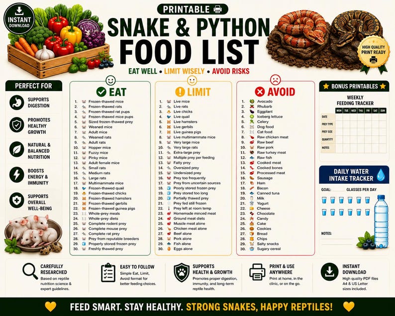 Corn Snake & Ball Python Feeding Guide Printable | Snake Feeding Chart | Feeding Schedule | Reptile Guide | PDF image 1