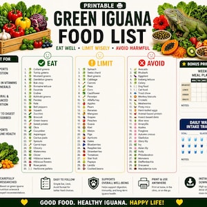 Puede incluir: Una lista imprimible de alimentos para iguana verde con tres columnas categorizadas como Comer, Limitar y Evitar. El documento incluye un planificador de comidas semanal, un rastreador de consumo diario de agua e ilustraciones de vegetales y frutas.