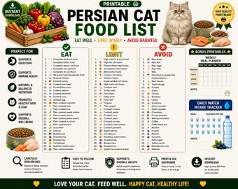 Persian Cat Food List Printable | Persian Cat Food Chart | Best Foods for Persian Cats | Cat Diet Guide | PDF