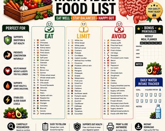 High Fiber Food List Printable | High Fiber Foods Chart | Fiber Rich Foods List | Healthy Food Guide | PDF