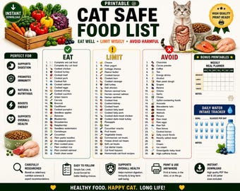 Cat Safe Food List Printable | Cat Food Chart | Safe Foods for Cats | Cat Diet Guide | Printable PDF