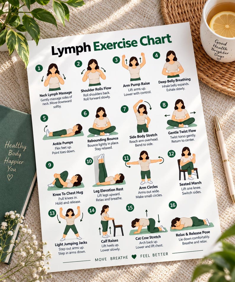 Static Stretch Routine Lymph Exercise Chart, Lymphatic Exercises Guide, Lymphatic Movement ...