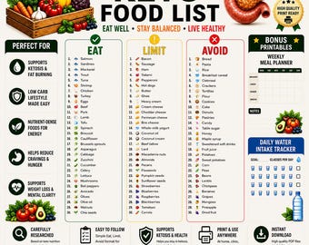 Keto Diet Food List Printable PDF, Low Carb Food List, Keto Diet Chart, Eat Limit Avoid Guide, Meal Planner, Water Tracker