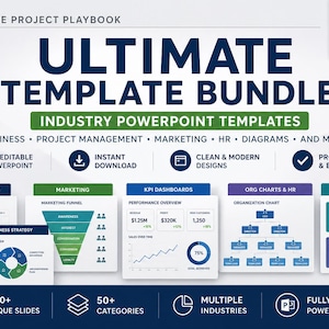 May include: A promotional graphic for a PowerPoint template bundle. The title reads "ULTIMATE TEMPLATE BUNDLE" with the subtitle "INDUSTRY POWERPOINT TEMPLATES." The graphic includes icons and sample slides for business, project management, marketing, and more. It also states "1000+ Professional Slides."