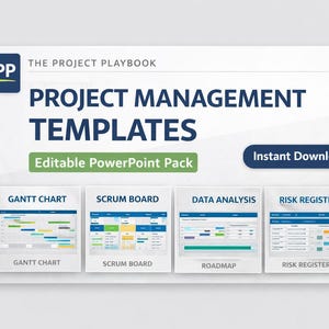 Può includere: Grafica bianca con la scritta "PROJECT MANAGEMENT TEMPLATES" e le parole "Editable PowerPoint Pack" e "Instant Download". La grafica include esempi di diagrammi di Gantt, Scrum board, analisi dei dati e registri dei rischi.