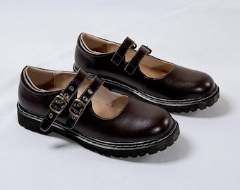 Dark Brown Leather Mary Jane Shoes - Retro Double Strap Buckle Detail - 70s/80s/90s Chunky Low Heel - Women’s Timeless Retro Footwear