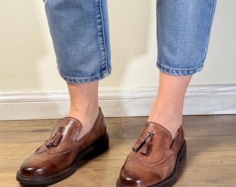 Leather Brogue Tassel Loafers Women | Black Brown Wingtip Slip On | Artisan Handcrafted Classic Shoes