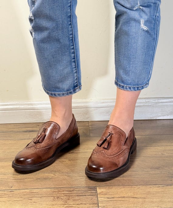 Leather Brogue Tassel Loafers Women | Black Brown Wingtip Slip On | Artisan Handcrafted Classic Shoes