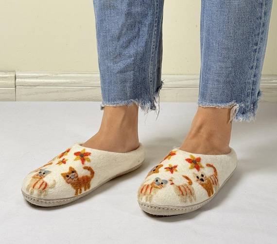 Handmade Wool Felt Slippers: Embroidered Ginger Cats, Boho House Shoes