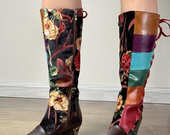 Artistic Leather Boots, Floral Knee High Boots, Boho Statement Boots, Wearable Art Leather Footwear