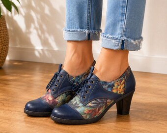 Handmade Navy Leather Oxford Heels, Women’s Floral Leather Lace Up Shoes, Vintage Block Heel Oxfords, Comfortable Office Shoes