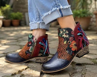 Handmade Leather Ankle Boots for Women, Floral Tapestry Booties, Colorful Artisan Boots, Boho Vintage Low Heel Shoes