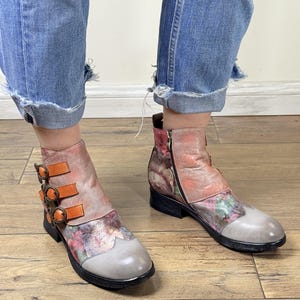 Vintage Floral Hand-Painted Leather Ankle Boots: Bohemian Buckle Booties