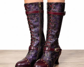 Burgundy Embossed Leather Victorian Boots | Handmade Lace Up Mid-Calf Boots | Women’s Steampunk Gothic Boots | Renaissance Festival Shoes