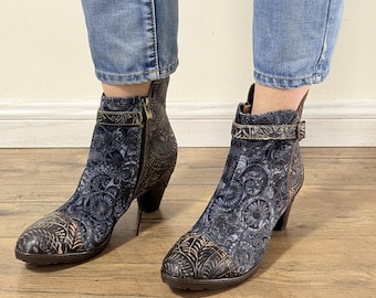 Floral Heel Ankle Boots | Embossed Leather Blue Booties | Chunky 5cm Block Heel