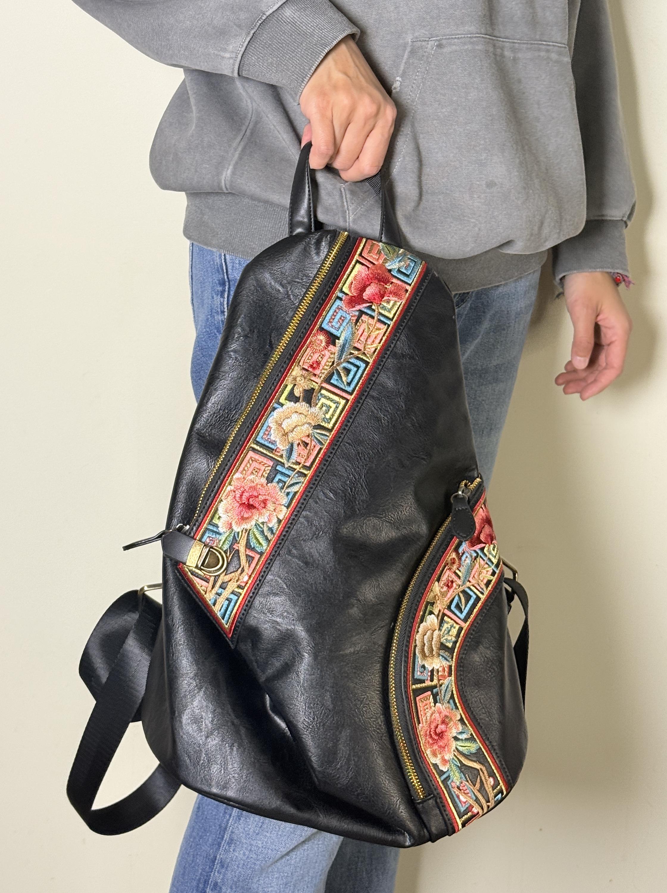 Black Vegan Leather Backpack: Embroidered Boho Travel Bag - Etsy display picture 3